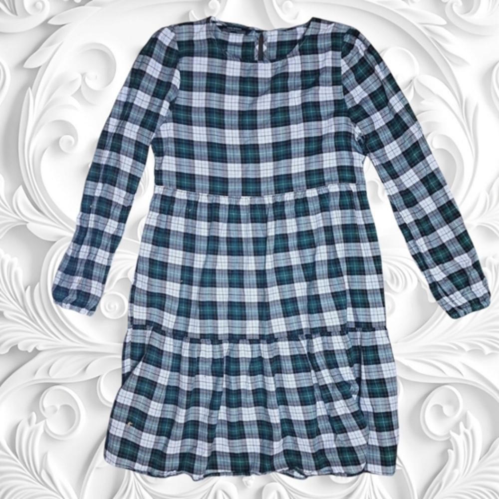 Zara Women Blue & Green Plaid Long Sleeve Dress Size M